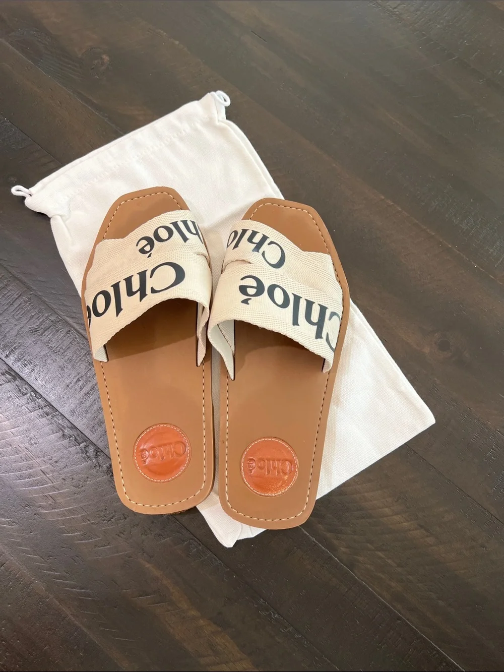 Women’s Leather Slide Sandals in Tan with Logo Canvas Straps